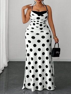 Black And White Party Women's Spaghetti Strap Cowl Neck Side Maxi Dress